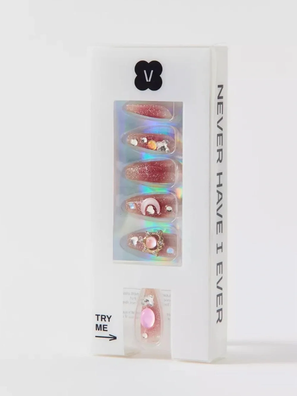 Never Have I Ever Press-On Faux Nails Celestial Moon glitter shine chrome gems